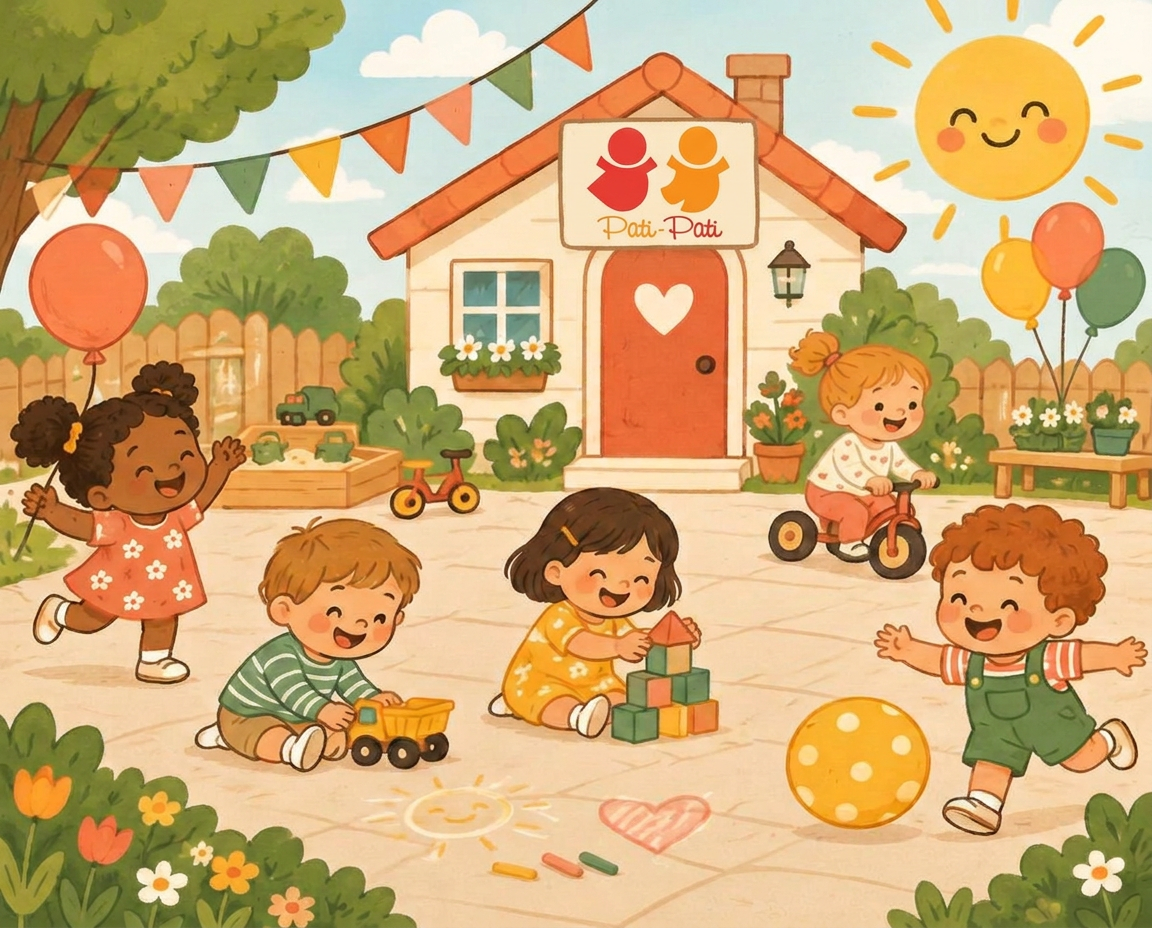 Dibujo de peques jugando en el patio de Pati Pati